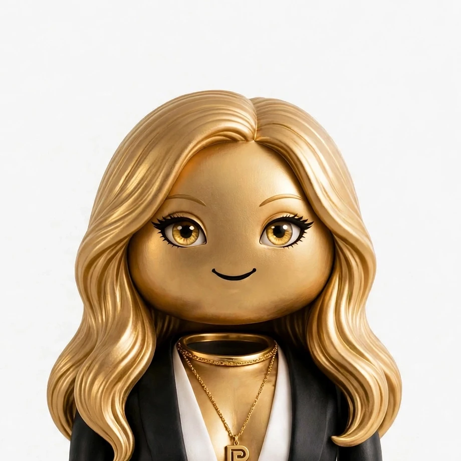 Portrait of Vivi, a gold robot with long sculpted gold hair, glam gold eyes, wearing an open black blazer over a white silk top with a gold V medallion necklace, head and shoulders